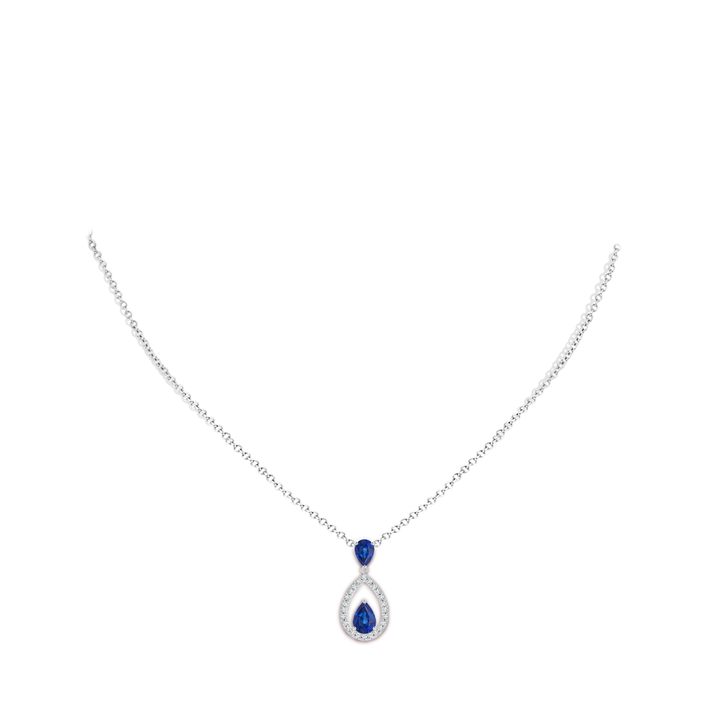 7x5mm AAA Blue Sapphire Drop Pendant with Diamond Halo in White Gold Body-Neck