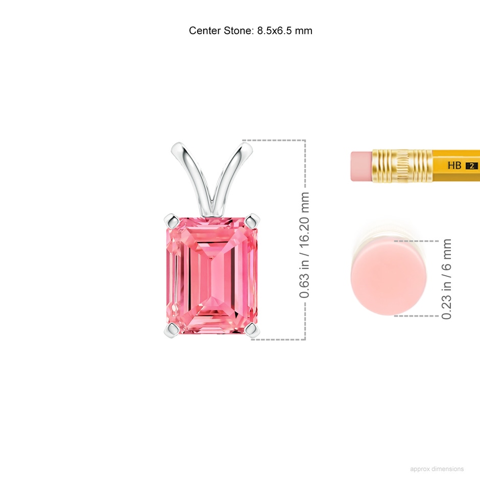 8.5x6.5mm AAAA Emerald-Cut Fancy Intense Pink Diamond Solitaire V-Bale Pendant in 18K White Gold ruler