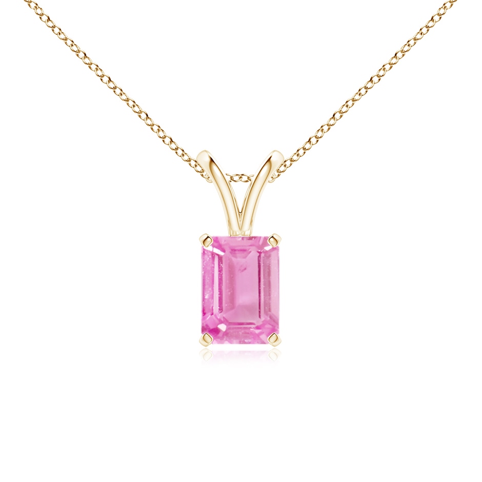 7x5mm A Emerald-Cut Pink Sapphire Solitaire Pendant with V-Bale in Yellow Gold 
