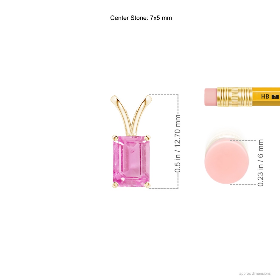 7x5mm A Emerald-Cut Pink Sapphire Solitaire Pendant with V-Bale in Yellow Gold ruler