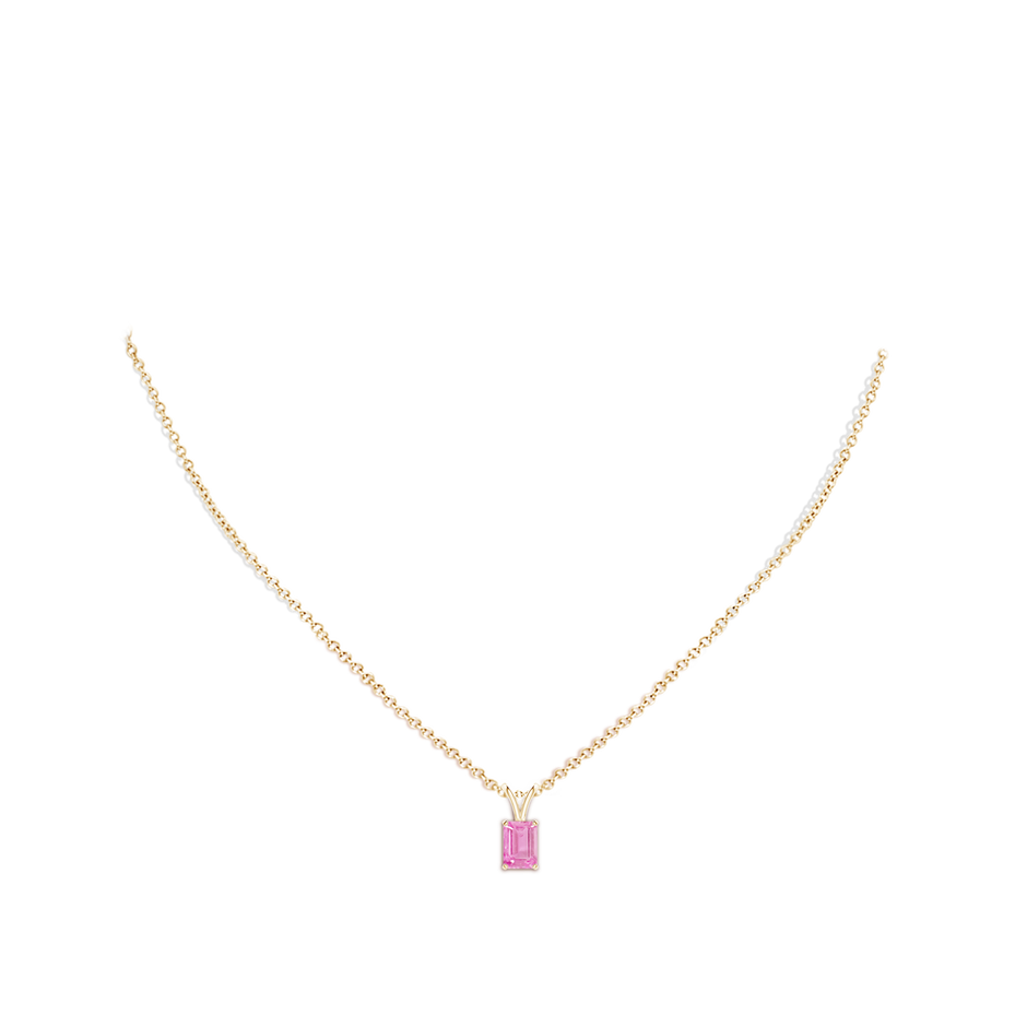 7x5mm A Emerald-Cut Pink Sapphire Solitaire Pendant with V-Bale in Yellow Gold body-neck