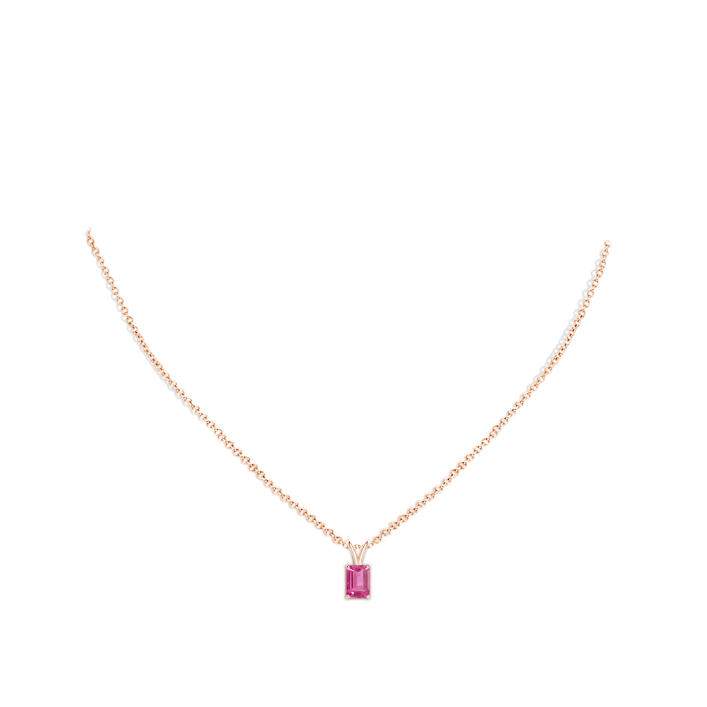 7x5mm AAAA Emerald-Cut Pink Sapphire Solitaire Pendant with V-Bale in Rose Gold Body-Neck