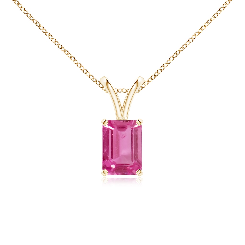 7x5mm AAAA Emerald-Cut Pink Sapphire Solitaire Pendant with V-Bale in Yellow Gold