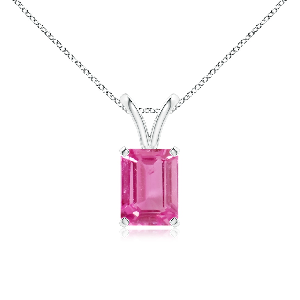 8x6mm AAA Emerald-Cut Pink Sapphire Solitaire Pendant with V-Bale in White Gold