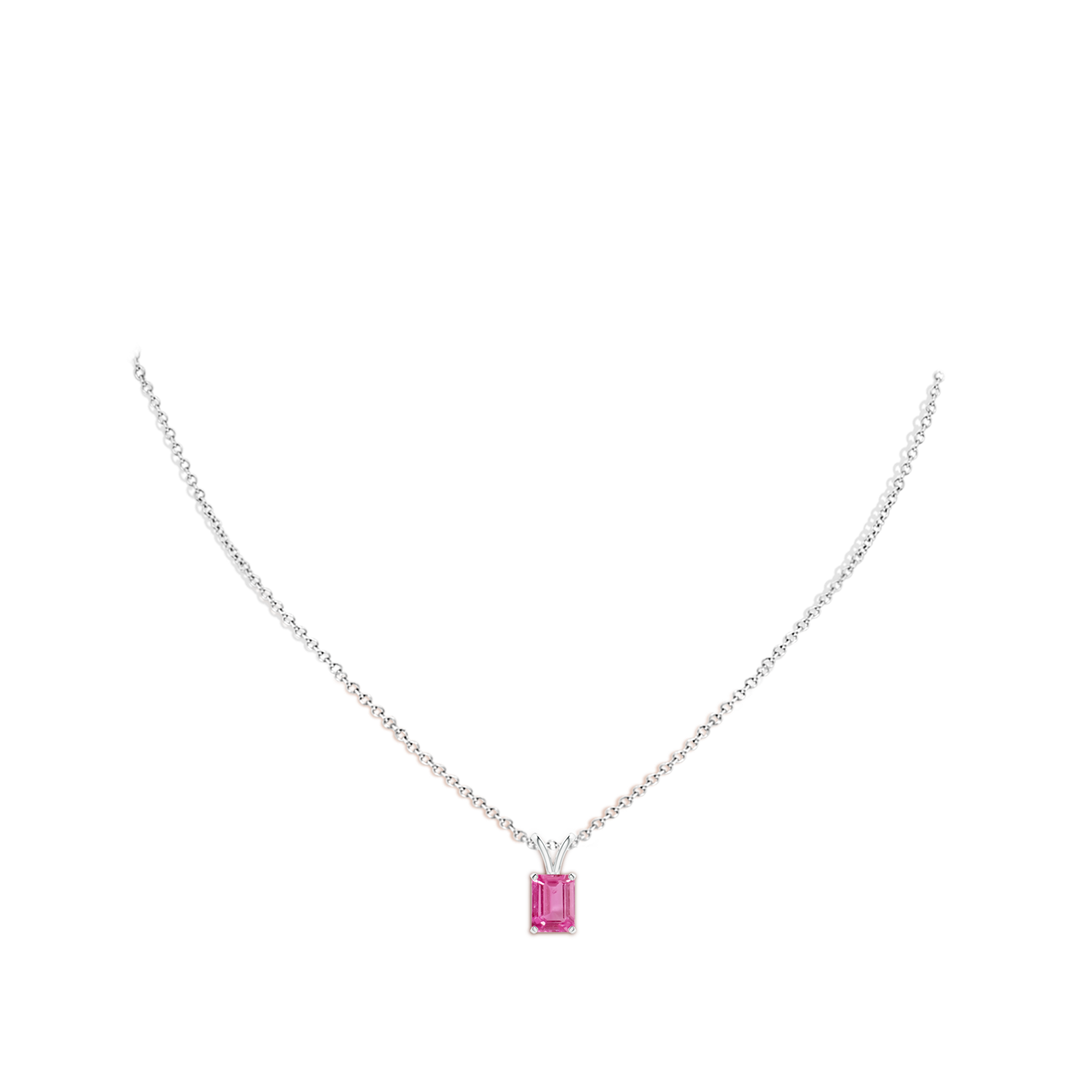 8x6mm AAA Emerald-Cut Pink Sapphire Solitaire Pendant with V-Bale in White Gold - body_neck