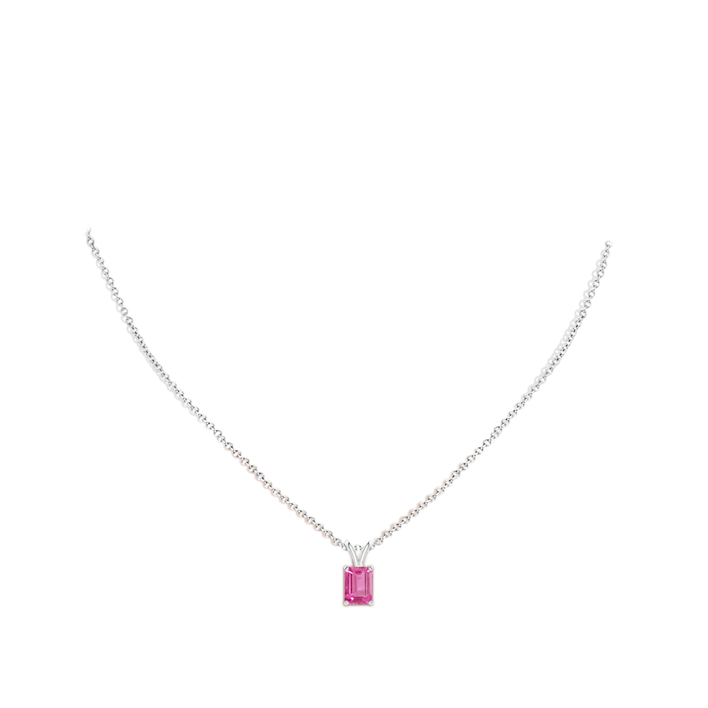 8x6mm AAA Emerald-Cut Pink Sapphire Solitaire Pendant with V-Bale in White Gold Body-Neck