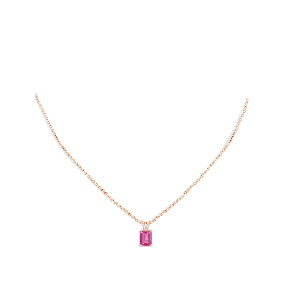 8x6mm AAAA Emerald-Cut Pink Sapphire Solitaire Pendant with V-Bale in Rose Gold body-neck