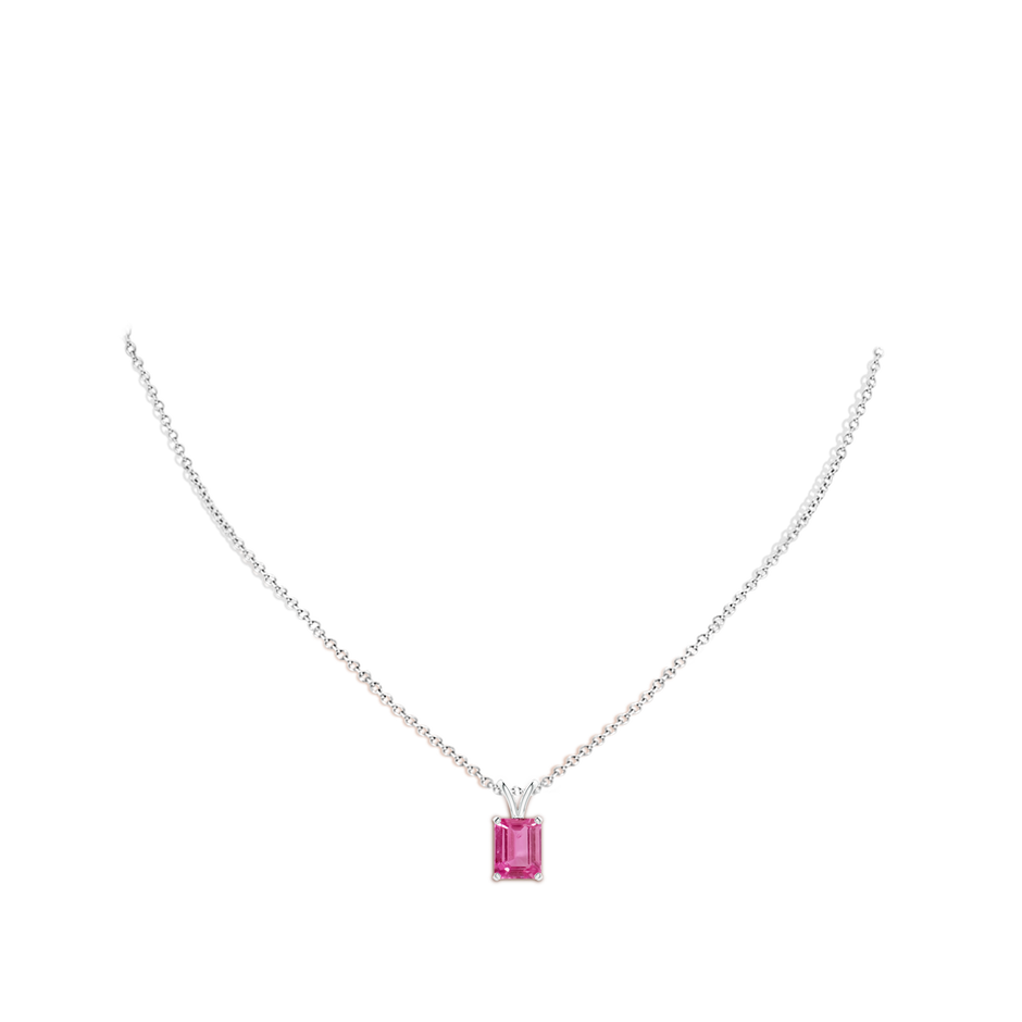 9x7mm AAAA Emerald-Cut Pink Sapphire Solitaire Pendant with V-Bale in P950 Platinum body-neck