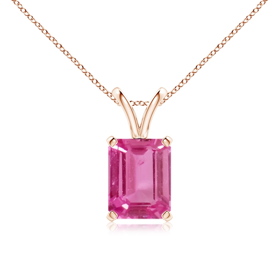 9x7mm AAAA Emerald-Cut Pink Sapphire Solitaire Pendant with V-Bale in Rose Gold 