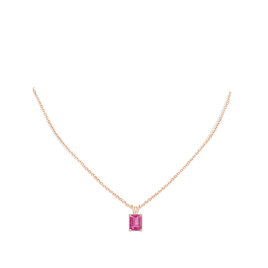 9x7mm AAAA Emerald-Cut Pink Sapphire Solitaire Pendant with V-Bale in Rose Gold body-neck
