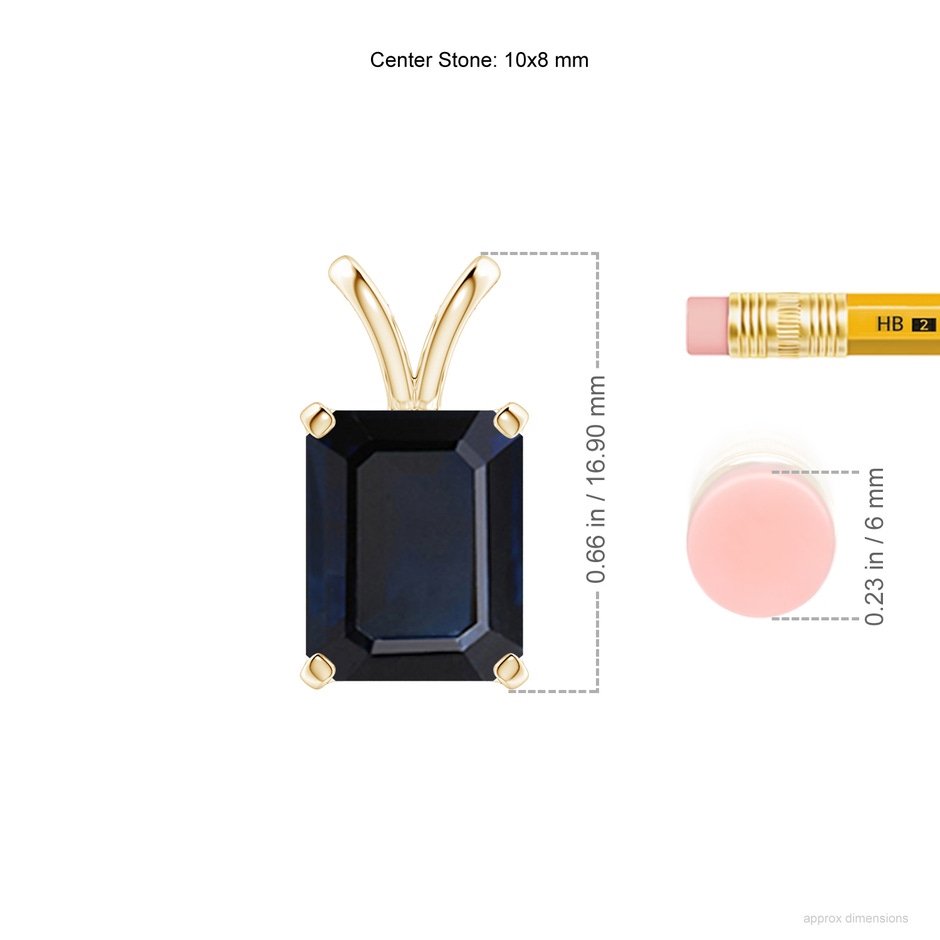 10x8mm A Emerald-Cut Blue Sapphire Solitaire Pendant with V-Bale in Yellow Gold ruler