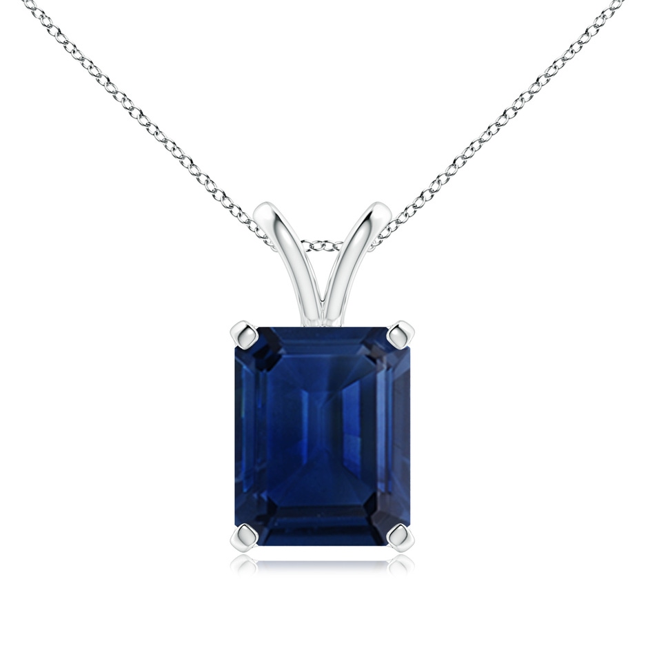 10x8mm AAA Emerald-Cut Blue Sapphire Solitaire Pendant with V-Bale in White Gold 