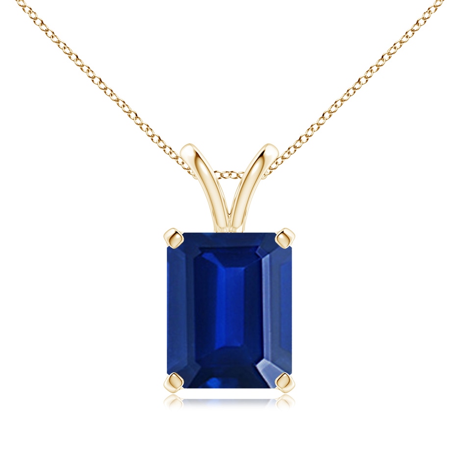 10x8mm Lab-Grown Emerald-Cut Blue Sapphire Solitaire Pendant with V-Bale in Yellow Gold 