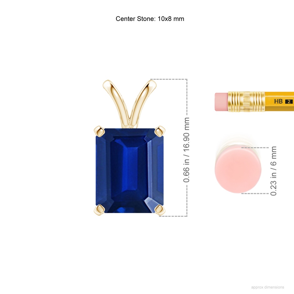 10x8mm Lab-Grown Emerald-Cut Blue Sapphire Solitaire Pendant with V-Bale in Yellow Gold ruler