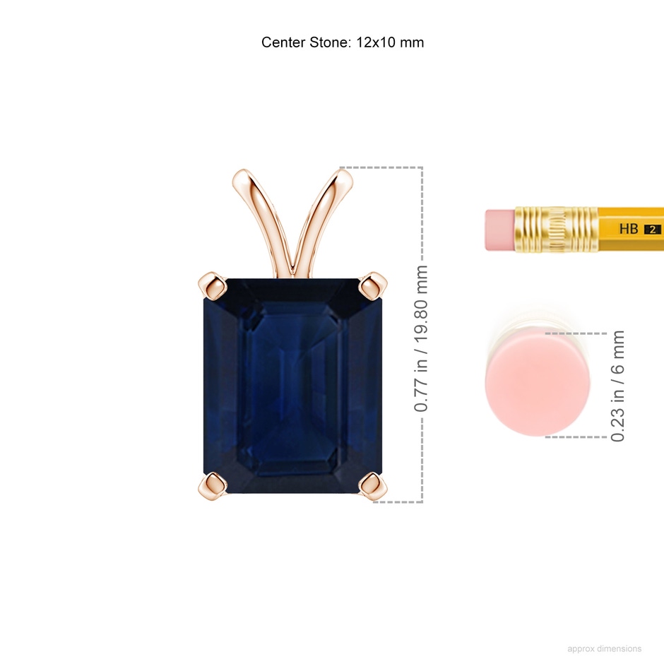 12x10mm AA Emerald-Cut Blue Sapphire Solitaire Pendant with V-Bale in Rose Gold ruler