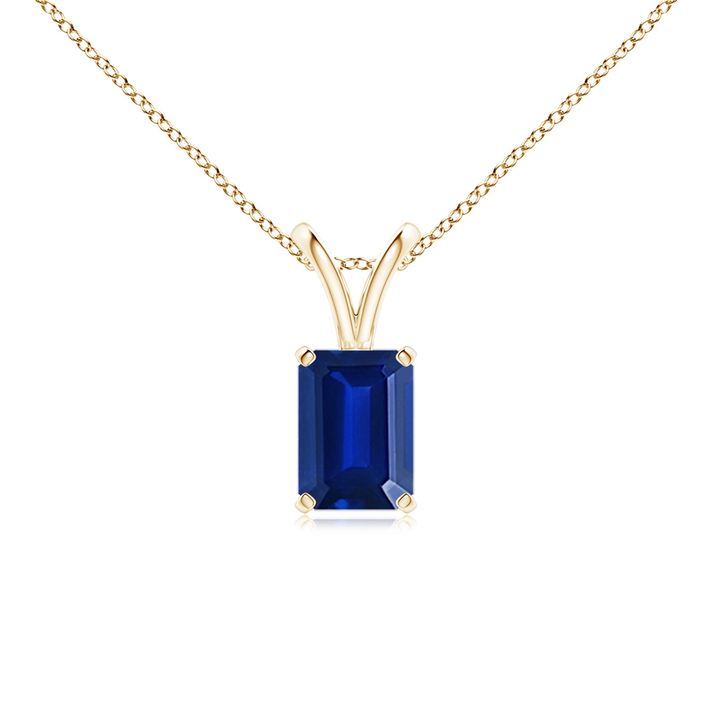 7x5mm AAAA Emerald-Cut Blue Sapphire Solitaire Pendant with V-Bale in Yellow Gold