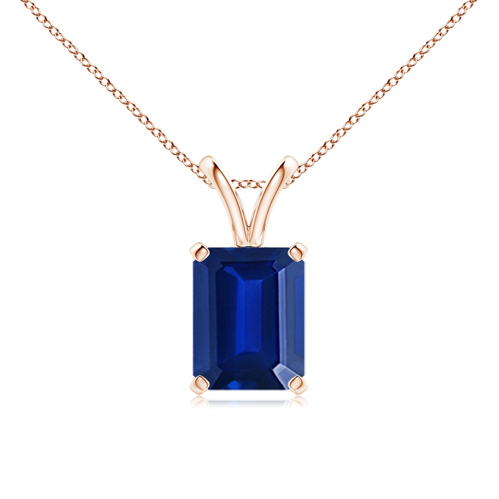 9x7mm AAAA Emerald-Cut Blue Sapphire Solitaire Pendant with V-Bale in Rose Gold