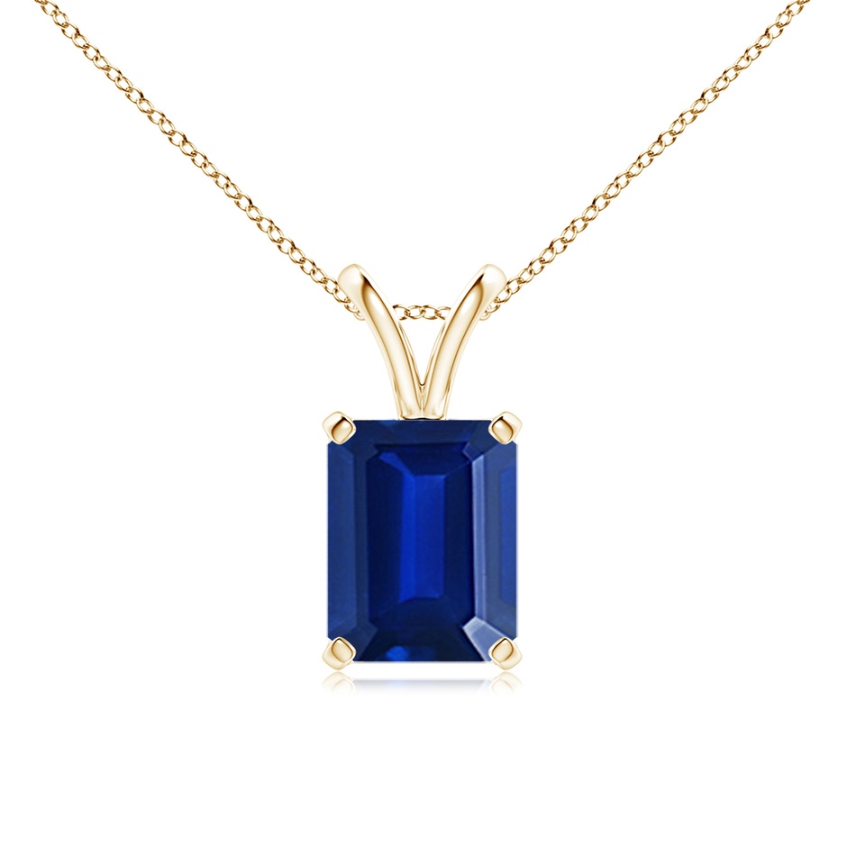 9x7mm Lab-Grown Emerald-Cut Blue Sapphire Solitaire Pendant with V-Bale in Yellow Gold 