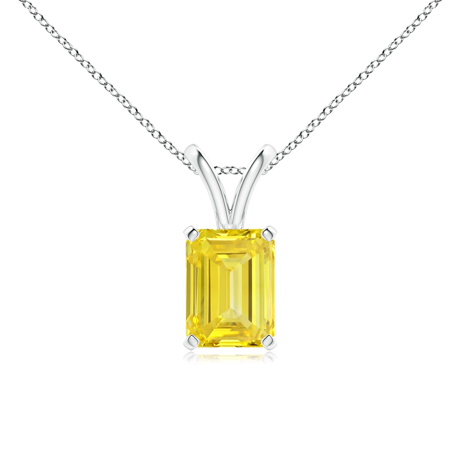 Angara 1.5 CTW Emerald-Cut Fancy Intense Yellow Diamond Solitaire V-Bale Pendant in 14K White Gold