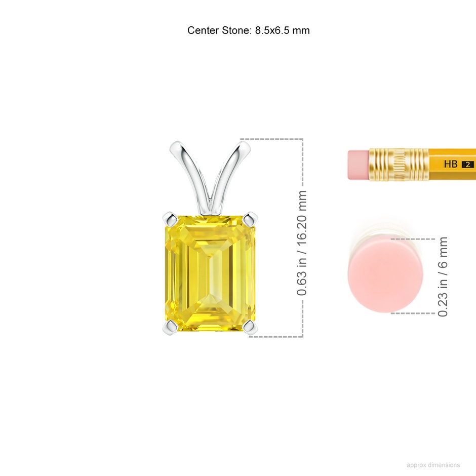 8.5x6.5mm AAAA Emerald-Cut Fancy Intense Yellow Diamond Solitaire V-Bale Pendant in P950 Platinum ruler