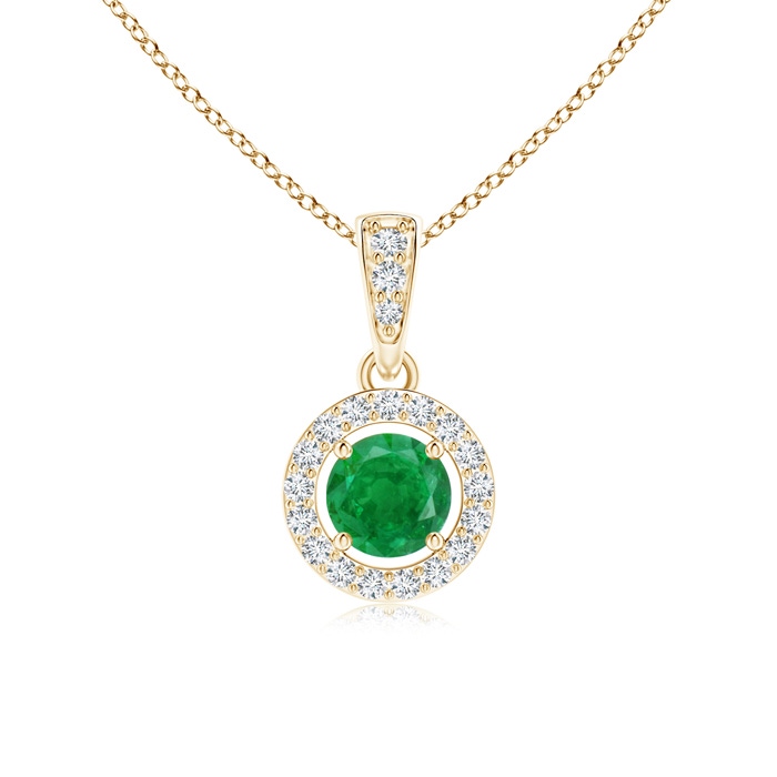 4mm AA Floating Emerald Pendant with Diamond Halo in Yellow Gold 