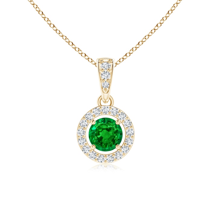 4mm AAAA Floating Emerald Pendant with Diamond Halo in Yellow Gold 