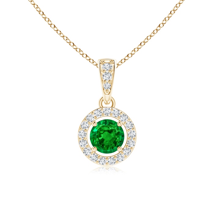 4mm AAAA Floating Emerald Pendant with Diamond Halo in Yellow Gold