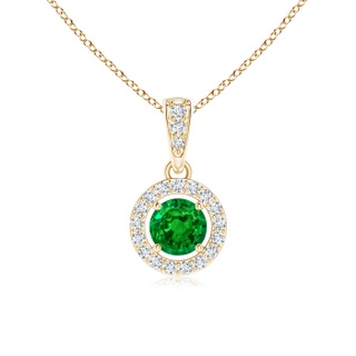 4mm AAAA Floating Emerald Pendant with Diamond Halo in Yellow Gold