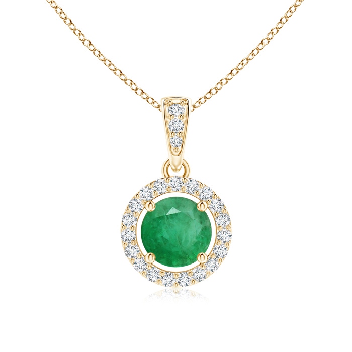 5mm A Floating Emerald Pendant with Diamond Halo in Yellow Gold 