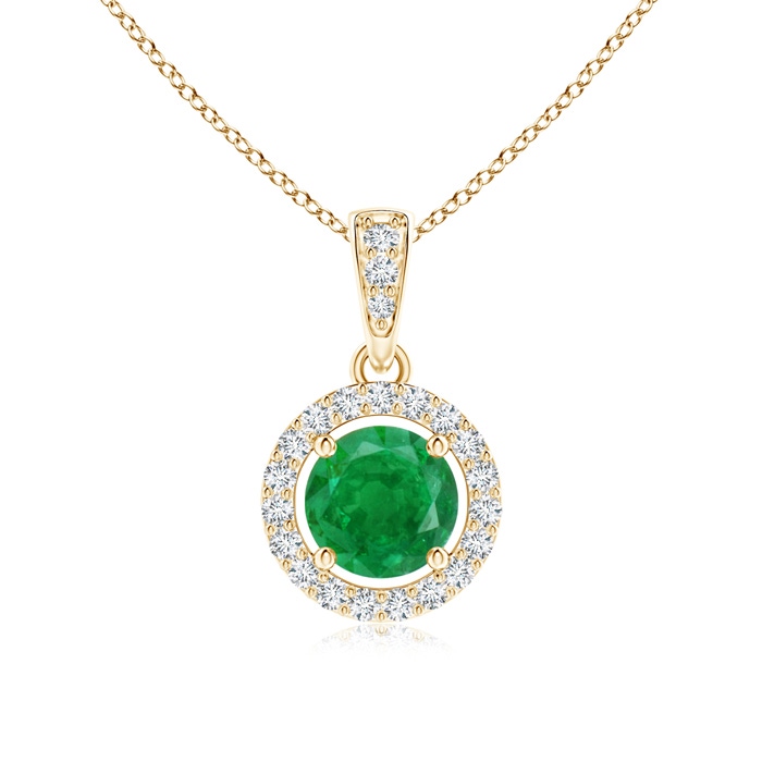 5mm AA Floating Emerald Pendant with Diamond Halo in Yellow Gold 