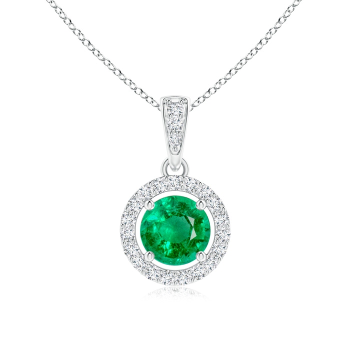 5mm AAA Floating Emerald Pendant with Diamond Halo in White Gold 