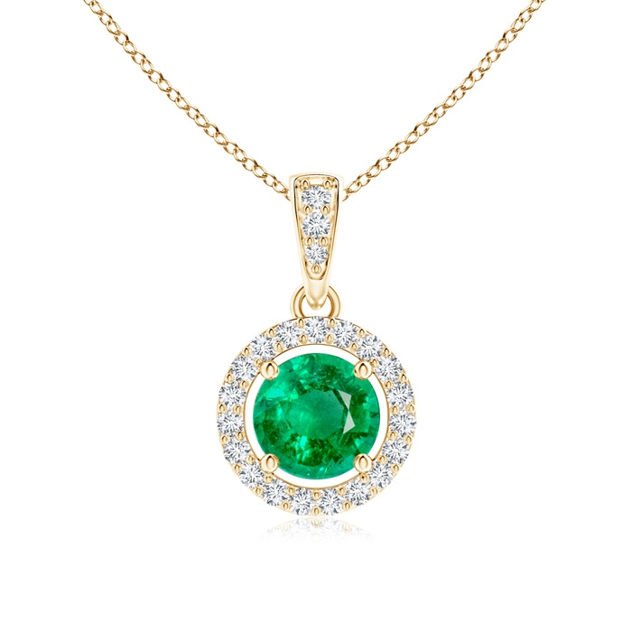 5mm AAA Floating Emerald Pendant with Diamond Halo in Yellow Gold