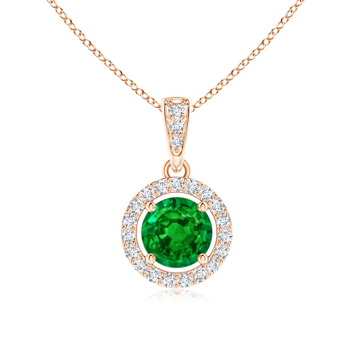 5mm AAAA Floating Emerald Pendant with Diamond Halo in Rose Gold 