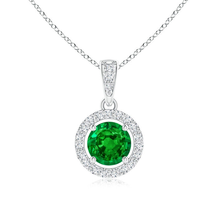 5mm AAAA Floating Emerald Pendant with Diamond Halo in White Gold 