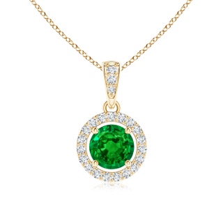 5mm AAAA Floating Emerald Pendant with Diamond Halo in Yellow Gold