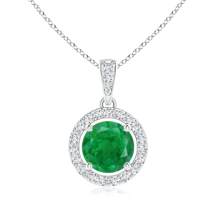 6mm AA Floating Emerald Pendant with Diamond Halo in White Gold 