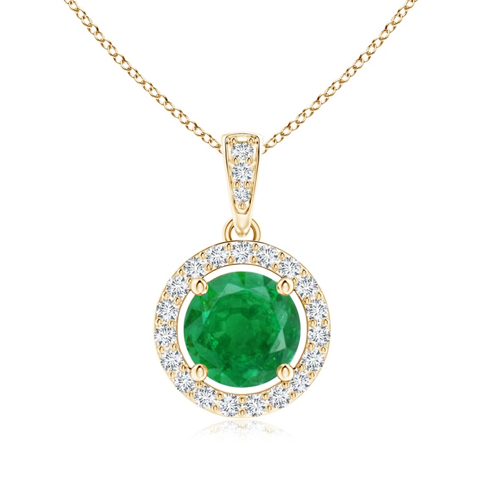6mm AA Floating Emerald Pendant with Diamond Halo in Yellow Gold 
