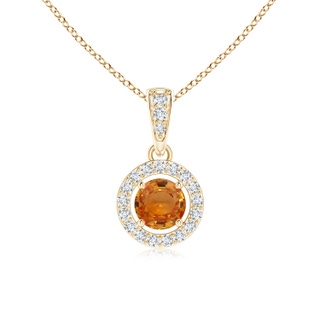 4mm AAA Floating Orange Sapphire Pendant with Diamond Halo in Yellow Gold