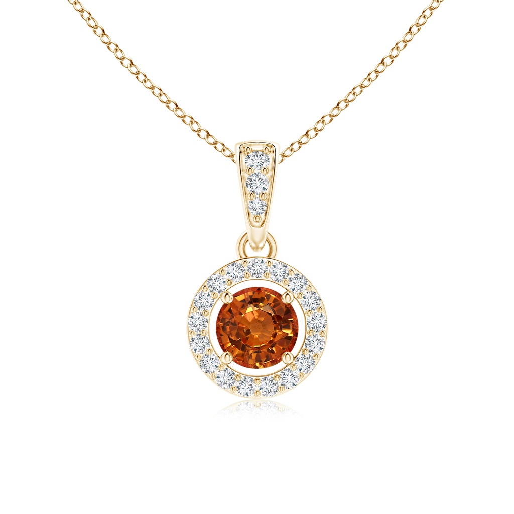 4mm AAAA Floating Orange Sapphire Pendant with Diamond Halo in Yellow Gold