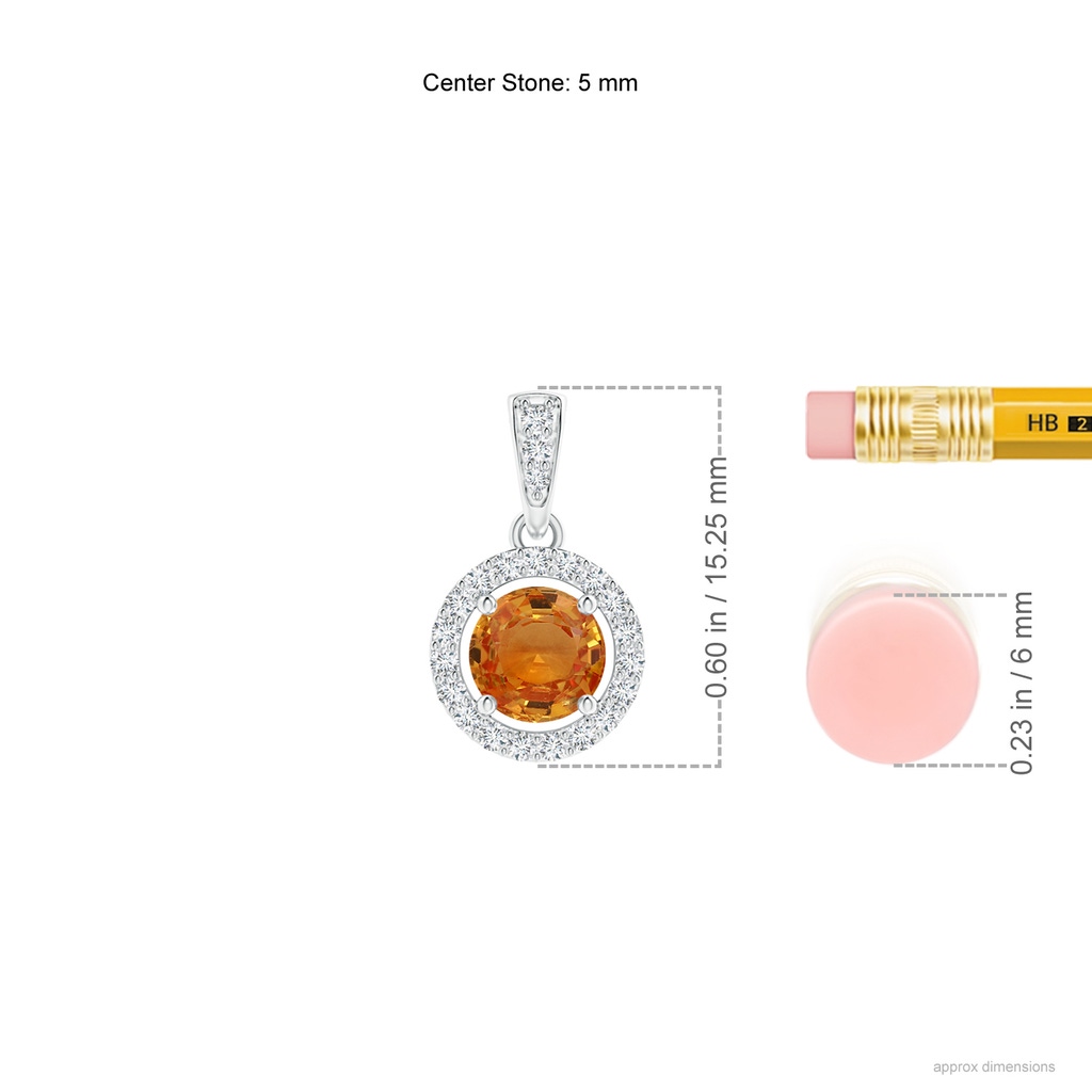 5mm AAA Floating Orange Sapphire Pendant with Diamond Halo in White Gold Ruler