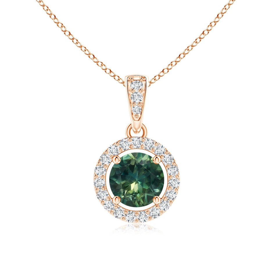 5mm AA Floating Teal Montana Sapphire Pendant with Diamond Halo in Rose Gold 