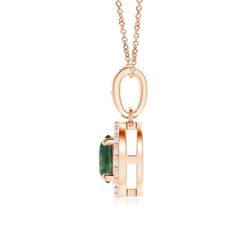 5mm AA Floating Teal Montana Sapphire Pendant with Diamond Halo in Rose Gold side 199