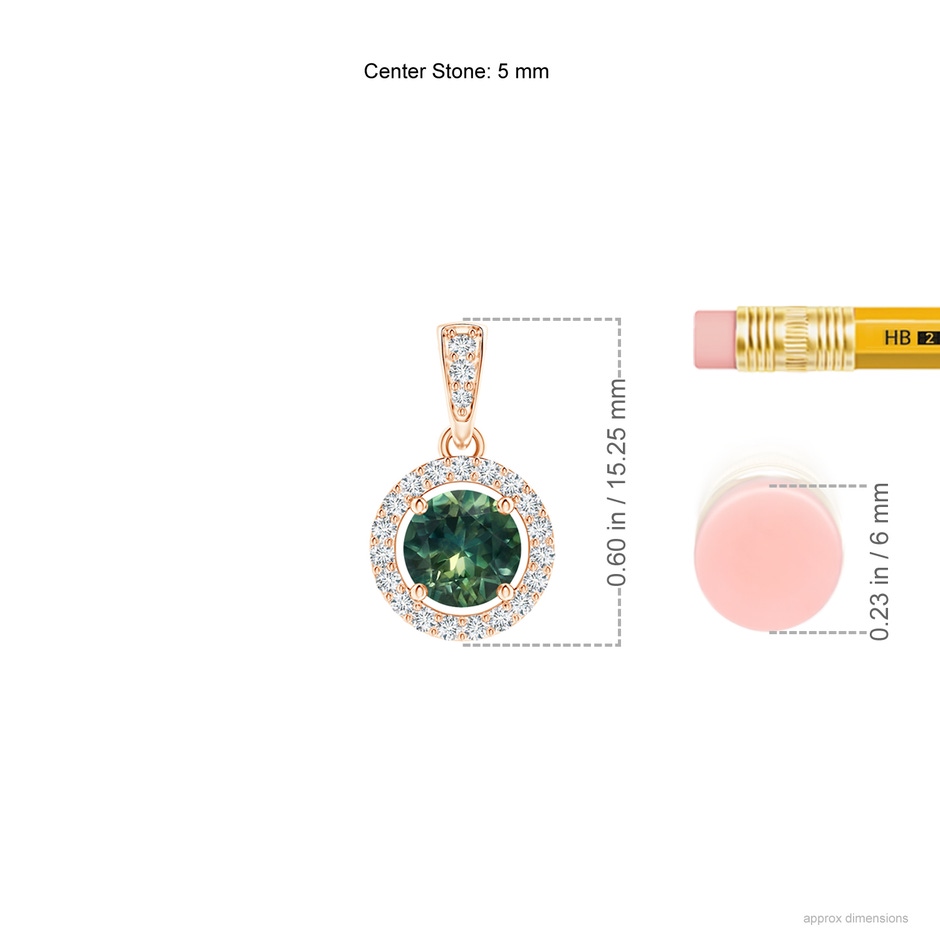 5mm AA Floating Teal Montana Sapphire Pendant with Diamond Halo in Rose Gold ruler