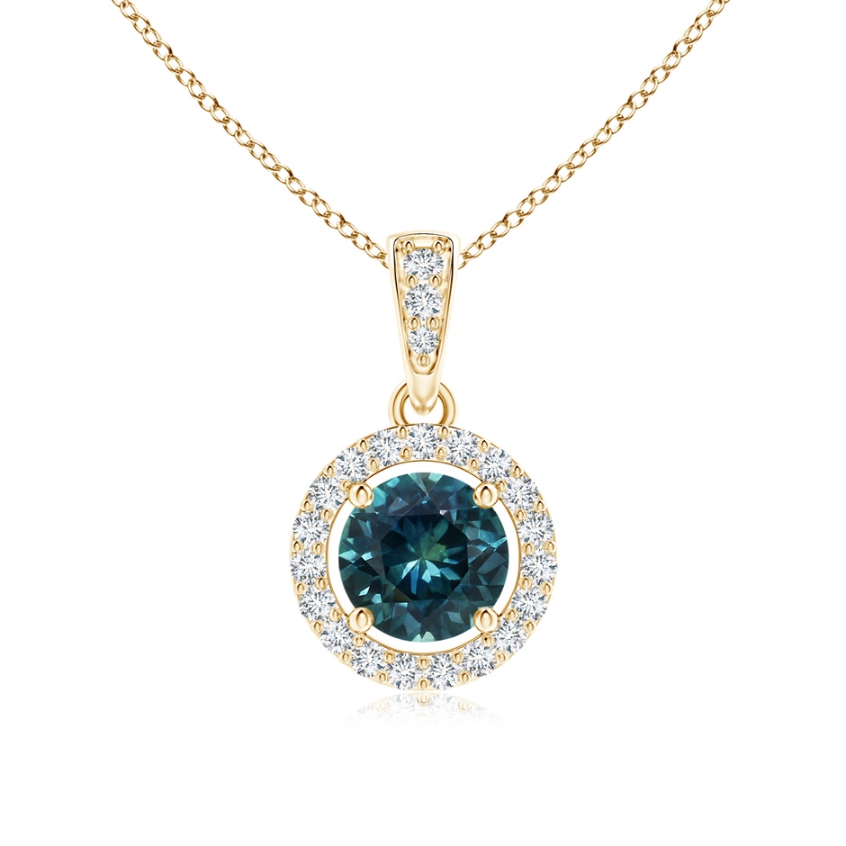 5mm AAA Floating Teal Montana Sapphire Pendant with Diamond Halo in 18K Yellow Gold 