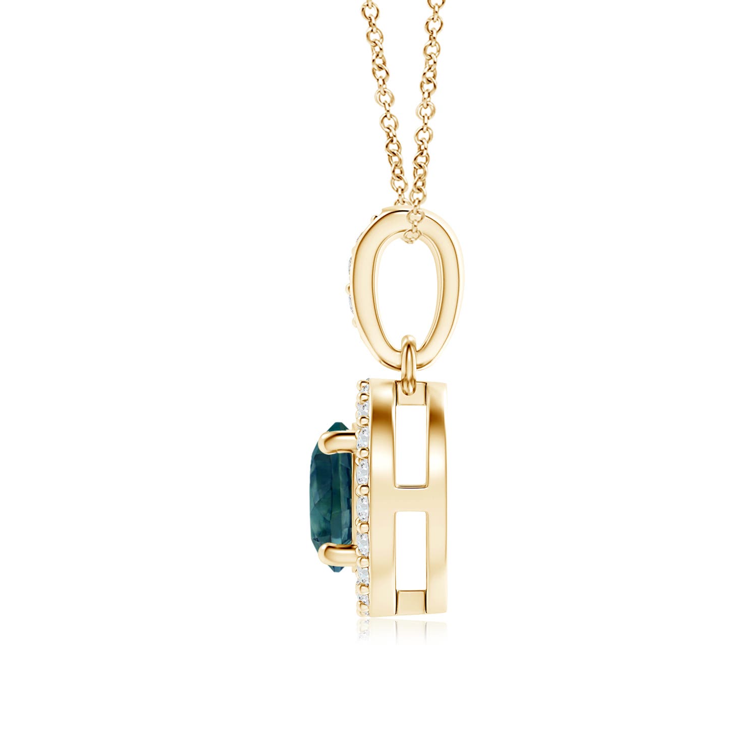 5mm AAA Floating Teal Montana Sapphire Pendant with Diamond Halo in 18K Yellow Gold