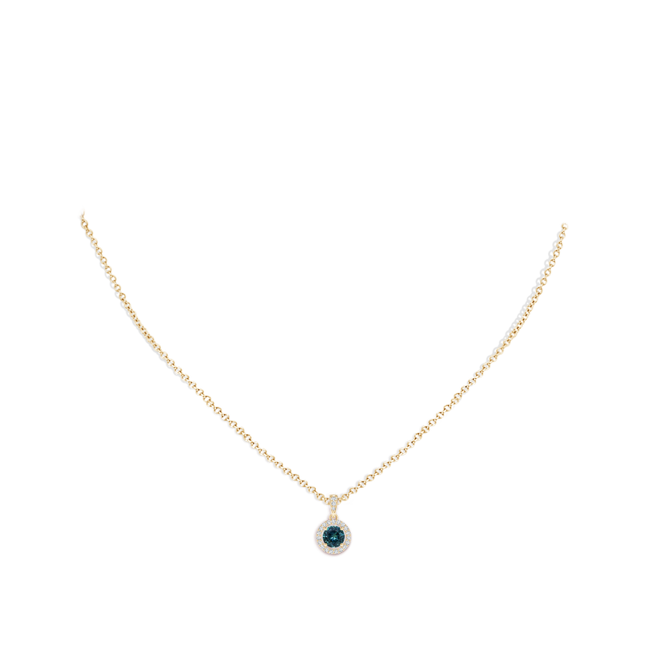 5mm AAA Floating Teal Montana Sapphire Pendant with Diamond Halo in 18K Yellow Gold pen
