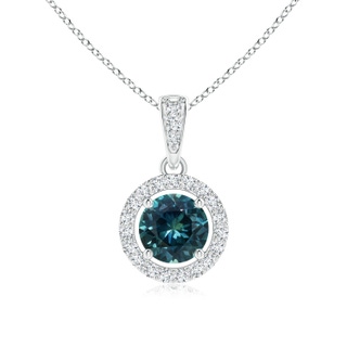 5mm AAA Floating Teal Montana Sapphire Pendant with Diamond Halo in P950 Platinum