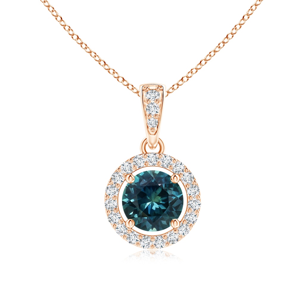 5mm AAA Floating Teal Montana Sapphire Pendant with Diamond Halo in Rose Gold