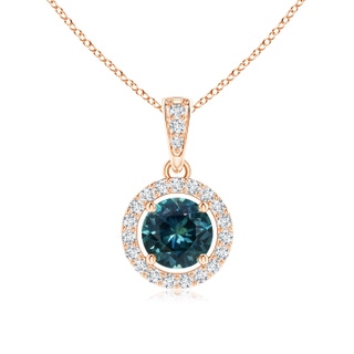 5mm AAA Floating Teal Montana Sapphire Pendant with Diamond Halo in Rose Gold