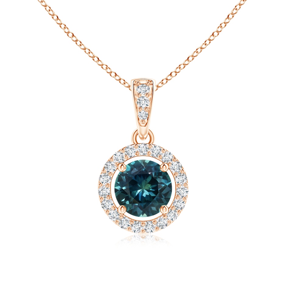 5mm AAA Floating Teal Montana Sapphire Pendant with Diamond Halo in Rose Gold 